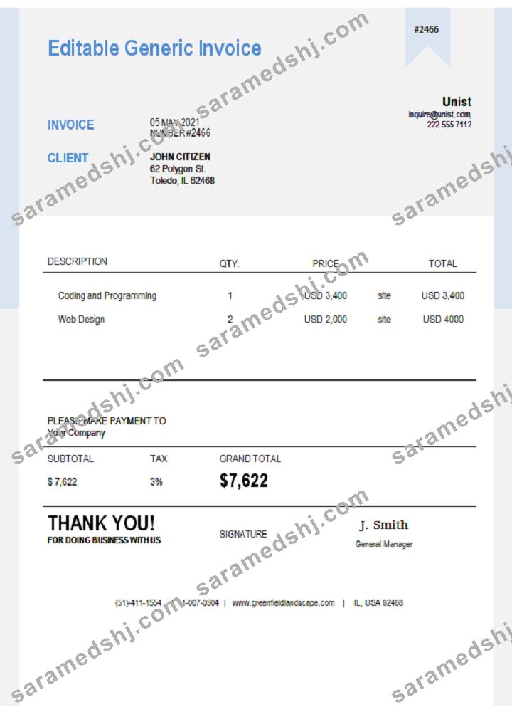 USA Unist invoice